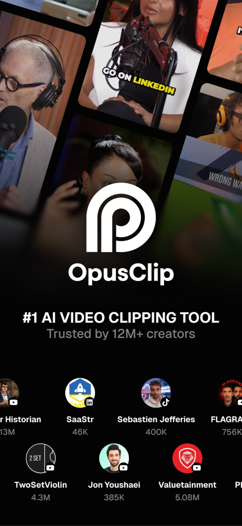 OpusClip - AI video clipping - OpusClip mobile app home screen showing the AI video clipping tool logo and featured content creators