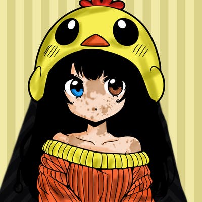 anime girl with chick shaped hat with sweater with bare shoulders with bangs covering them one eye with low tail