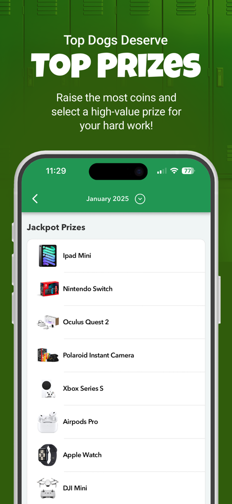 MoneyDolly - A screen displaying jackpot prizes in the MoneyDolly app including electronics like an iPad Mini and Nintendo Switch for top fundraisers