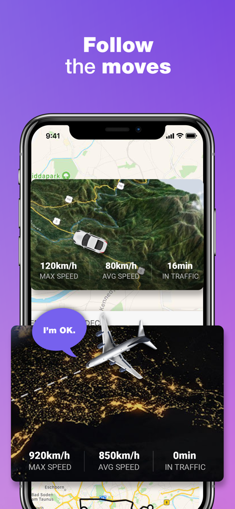 My Family: Find Friends Phone - Smartphone screen showing real time speed and traffic statistics for car and plane travel