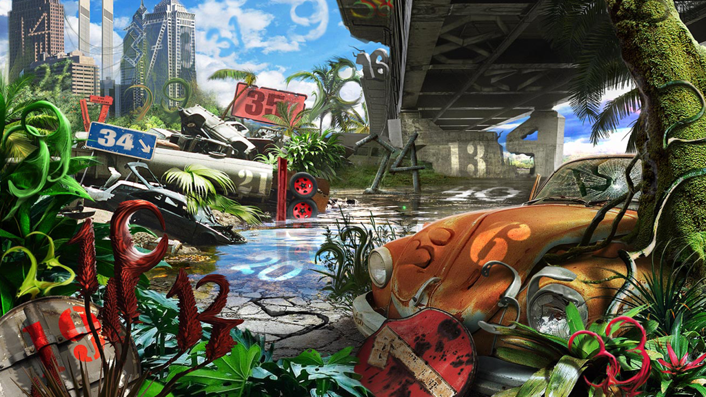Um nível surreal de objetos escondidos com números camuflados dentro de uma paisagem de carros antigos e ruínas de cidade