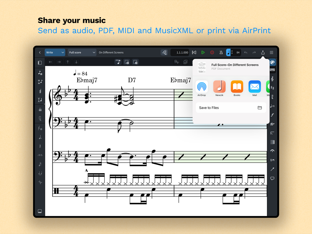 Écran d'iPad montrant les options de partage et d'exportation pour la notation musicale dans Dorico