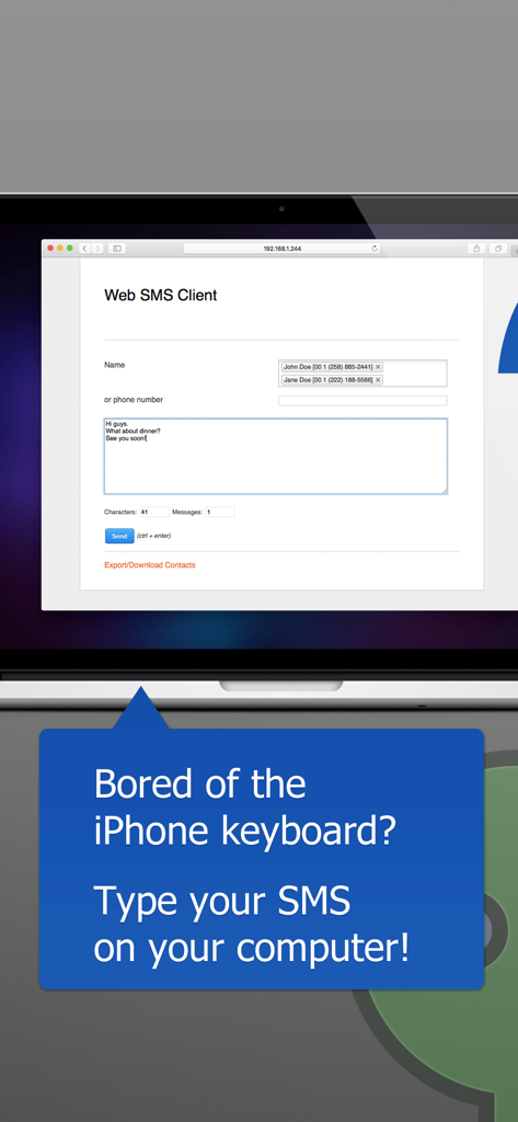 Web Browser SMS - Web Browser SMS client interface on a laptop screen showing an SMS message being composed for multiple recipients.