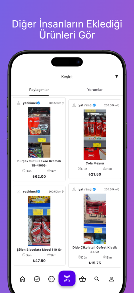Mobile app interface showing community shared prices for grocery items from various stores