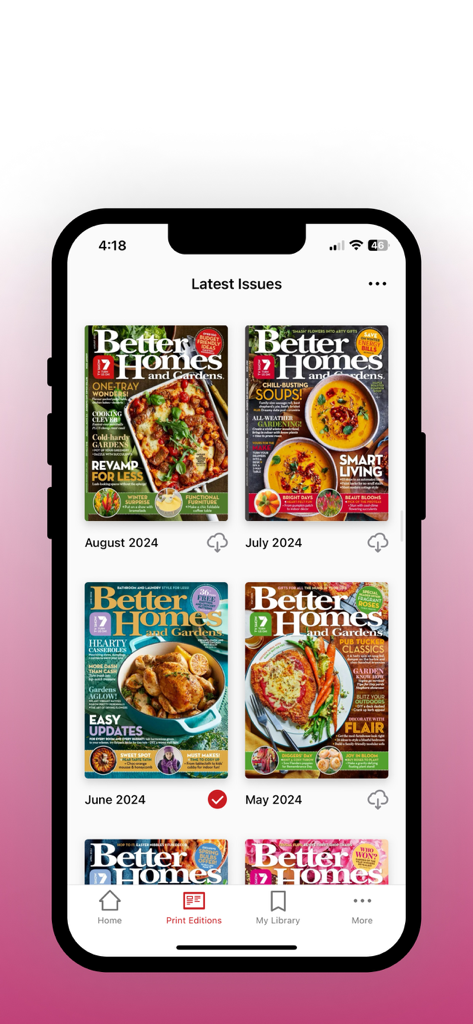 Better Homes and Gardens app interface displaying various digital magazine issues for monthly download