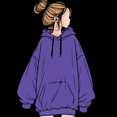 realistic girl with a oversized sweatshirt on and a bun