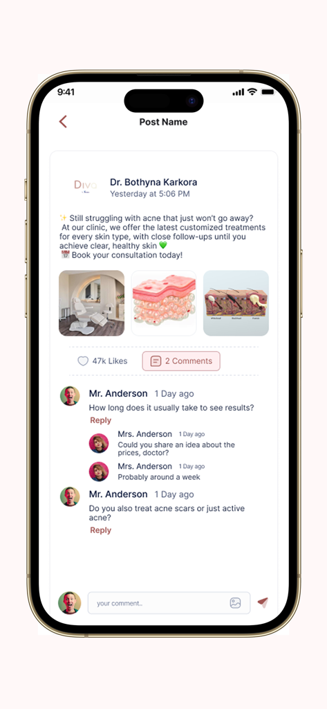 MED X For Diva Clinic - Med X For Diva Clinicアプリのインターフェース、ニキビ治療に関するスキンケア投稿と患者のコメントが表示されています