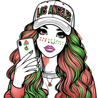 realistic beautiful girl wearing los ángeles cap holding an iphone