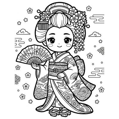 Step into the enchanting world of Japanese culture with this adorable Kawaii Maiko coloring page. Her intricate kimono and charming expression offer a delightful artistic escape for all ages.