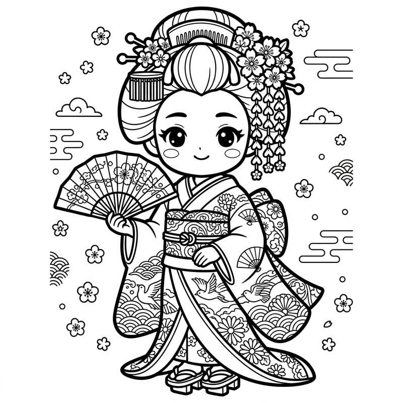 Step into the enchanting world of Japanese culture with this adorable Kawaii Maiko coloring page. Her intricate kimono and charming expression offer a delightful artistic escape for all ages.