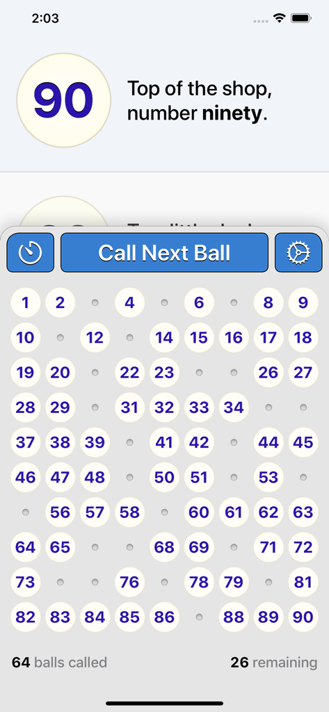 Bingo Machine - Number Caller - Bingo Machine app interface showing the current number 90 and a grid of called numbers