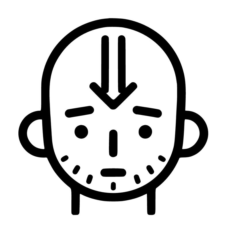 bald man with vertical blue arrow on his forehead
