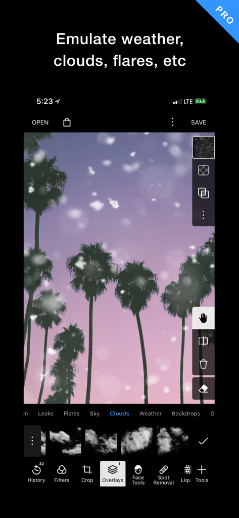Polarr Pro interface showing cloud and weather overlay effects on a palm tree photo