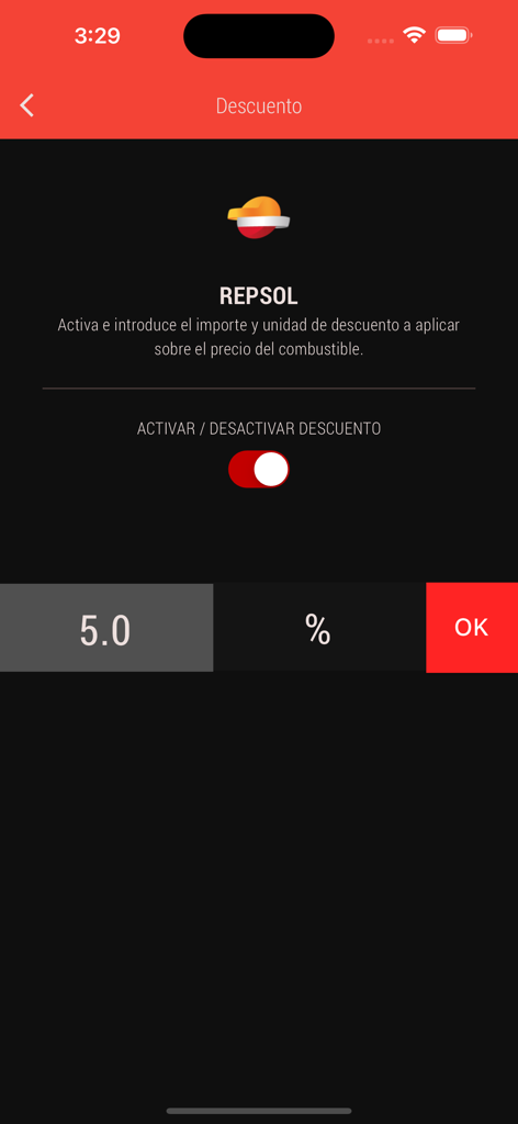 Discount configuration screen for Repsol gas stations in the Gasolineras de España mobile app