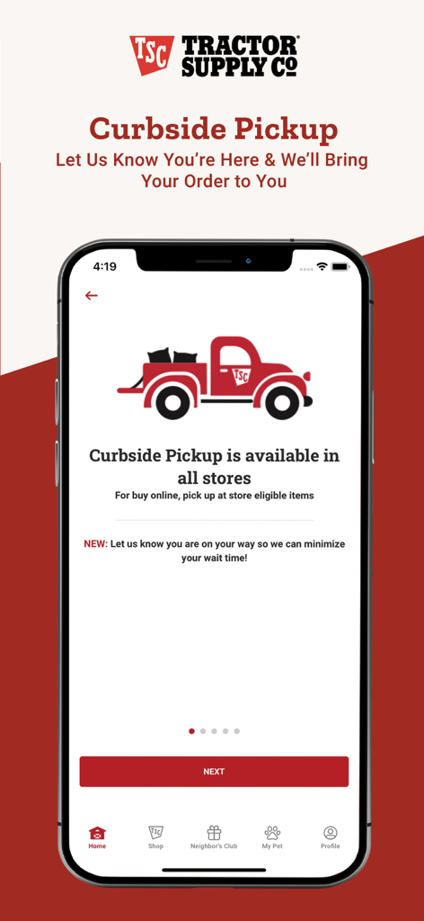 Tractor Supply app screen showing curbside pickup service with a red truck icon.