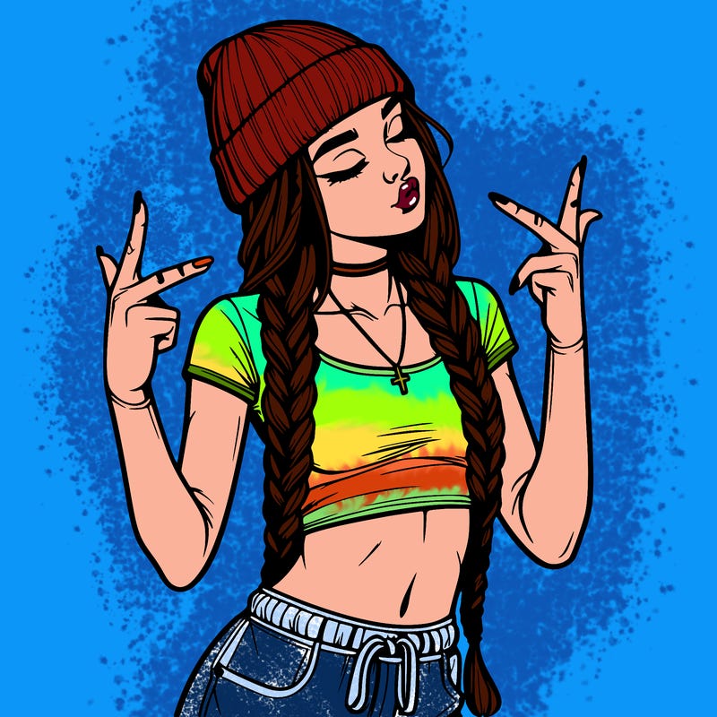 realistic teenage girl with braids and a beanie and crop top doing 🫶🏼