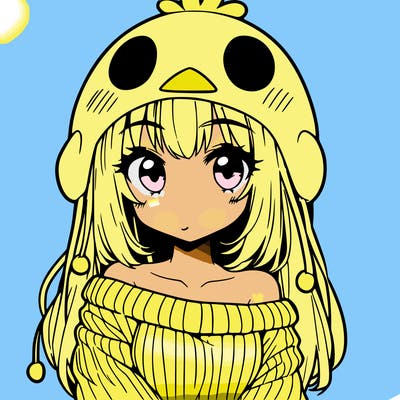 anime girl with chick shaped hat with sweater with bare shoulders with bangs covering them one eye with low tail