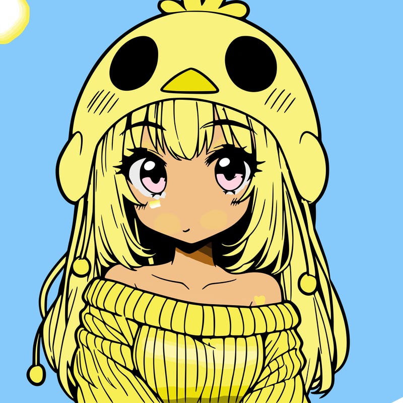 anime girl with chick shaped hat with sweater with bare shoulders with bangs covering them one eye with low tail