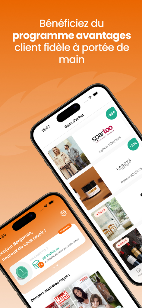 Interface de l'application Press Connect montrant les récompenses du programme de fidélité et les bons de réduction