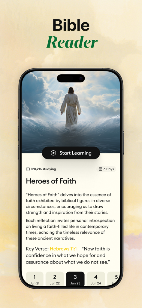 Holify: Bible Study & Chat - Mobile app interface of Holify showing a Bible study plan titled Heroes of Faith with an image of Jesus walking on water