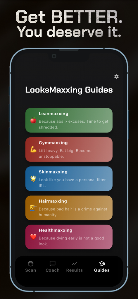 A screen showing self improvement guides for gym skincare and grooming in the Mogger app