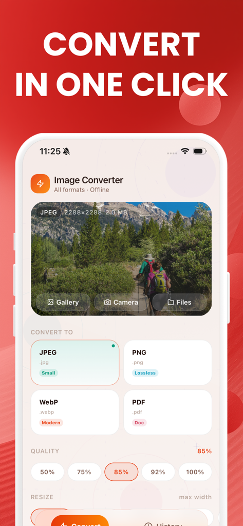 Image Converter: JPEG HEIC PDF - 画像変換アプリのインターフェースで、調整可能な品質設定で画像をJPEG PNG WebPまたはPDFに変換するオプションが表示されています