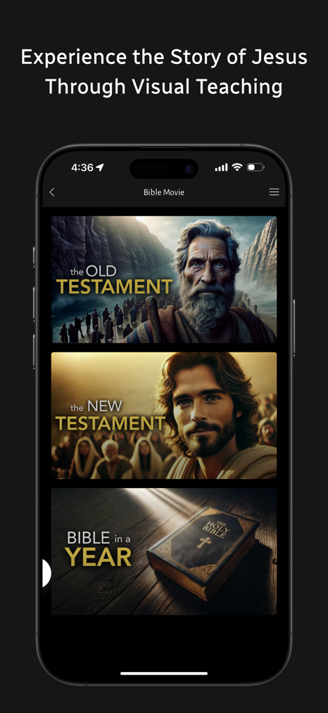 Kingdom Story Films app interface displaying cinematic Bible movie categories including Old and New Testament