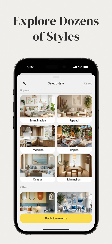 AI Home Design - Decorio - Decorio mobile app interface displaying multiple interior design style options including Scandinavian, Japandi, and Coastal.