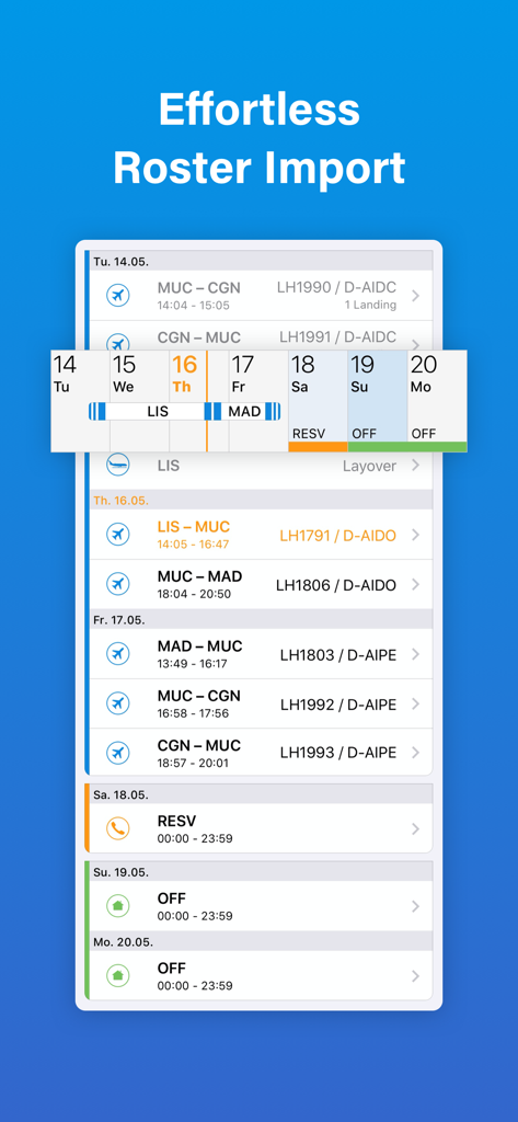 OffBlock - Interfaz de la aplicación OffBlock que muestra la función de importación de listas de tripulación sin esfuerzo con un calendario de vuelo detallado y una línea de tiempo de deberes.
