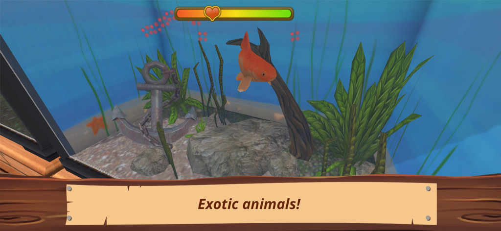 Un poisson rouge orange nageant dans un aquarium 3D décoré d'une ancre, dans Pet World Mon Refuge pour Animaux.