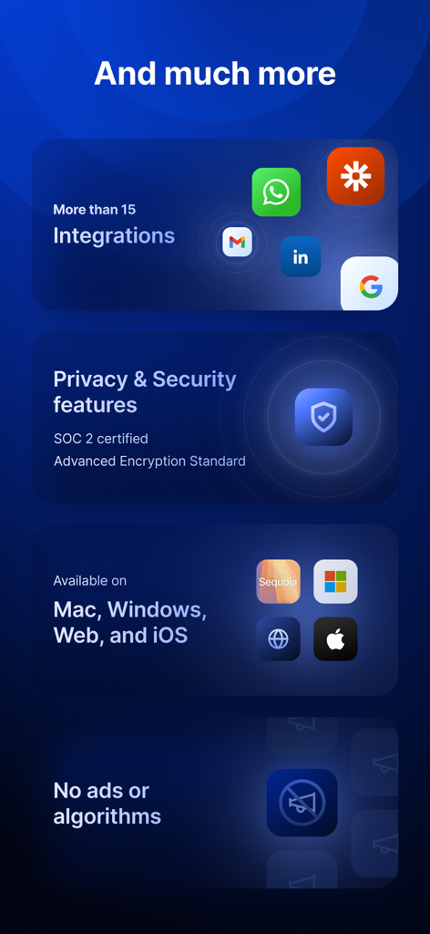 Dex - Rolodex and Personal CRM - Funciones del CRM personal Dex que muestran integraciones de aplicaciones, certificaciones de seguridad, disponibilidad multiplataforma y experiencia sin publicidad.