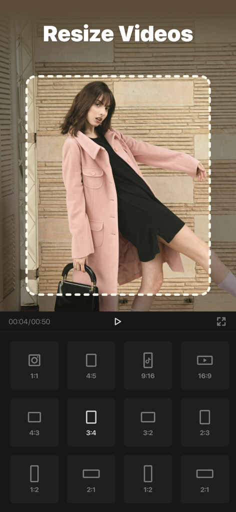 FotoPlay 앱 인터페이스. 다양한 소셜 미디어 플랫폼을 위한 동영상 크기 조절 옵션을 보여줍니다.