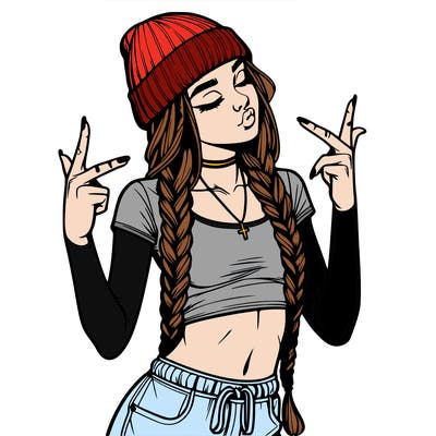realistic teenage girl with braids and a beanie and crop top doing 🫶🏼