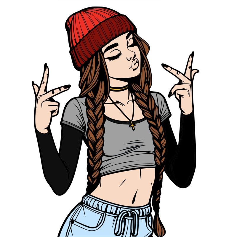 realistic teenage girl with braids and a beanie and crop top doing 🫶🏼