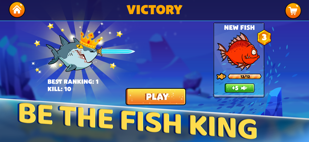 Fish IO: Be the King - Victory screen in Fish IO Be the King showing a shark wearing a crown and a sword