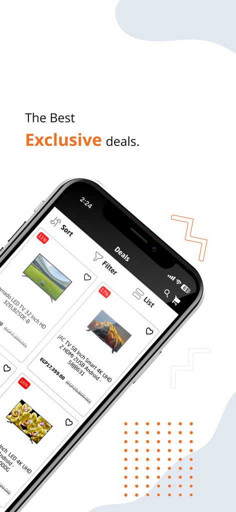 2B Egypt - Screenshot dell'app mobile 2B Egitto che mostra offerte esclusive su TV LED e Smart TV con badge di sconto e opzioni di ordinamento e filtro.