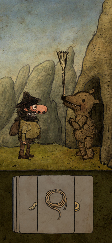Pilgrims - A hand drawn scene showing a bearded character interacting with a furry creature in the game Pilgrims