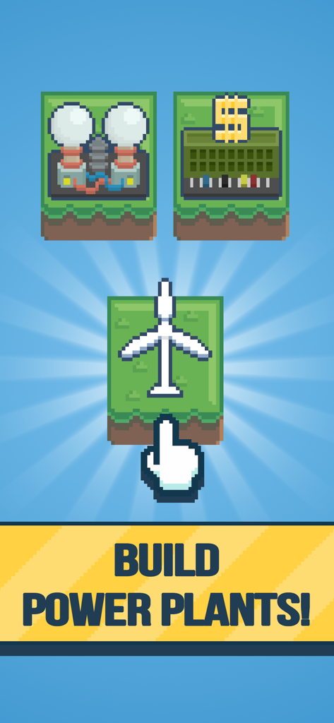 Écran de jeu en pixel art montrant une option de construction d'éolienne avec le texte Construire des centrales électriques