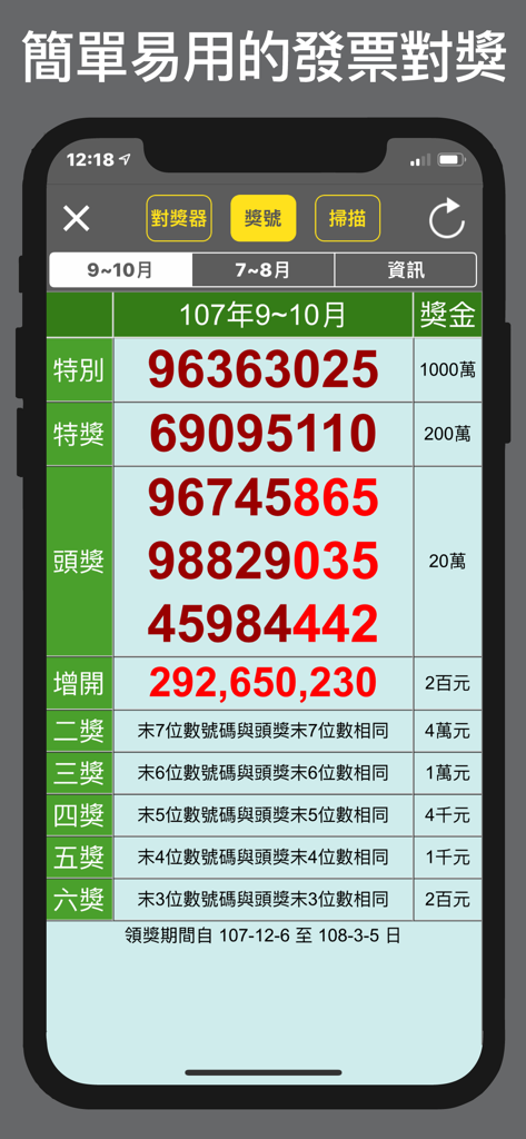 i 統一發票 電子發票管理工具 - 대만 통일 송장 복권 당첨 번호 및 상품 카테고리를 표시하는 모바일 앱 화면