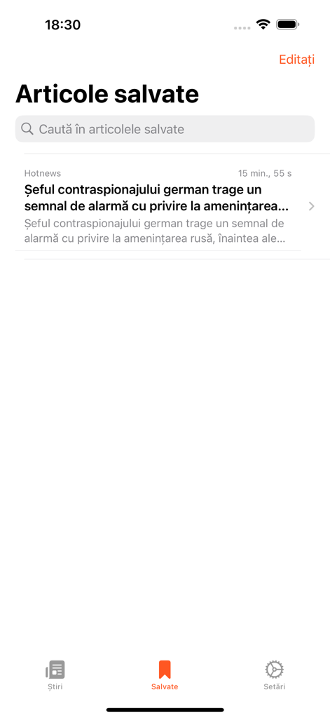 Interface of the Romanian News app showing the Saved Articles section with a bookmarked news entry and search functionality