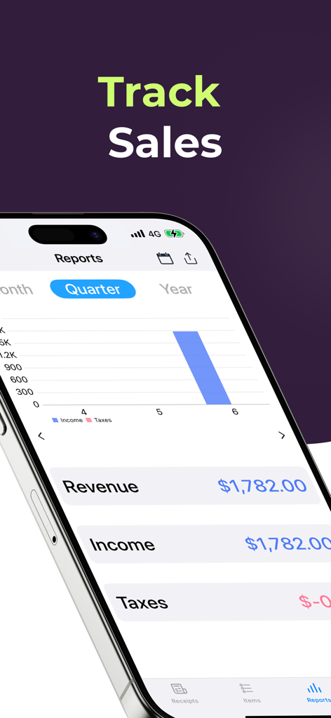 A mobile screen from the e-Receipt Maker app showing quarterly sales and revenue reports with income data