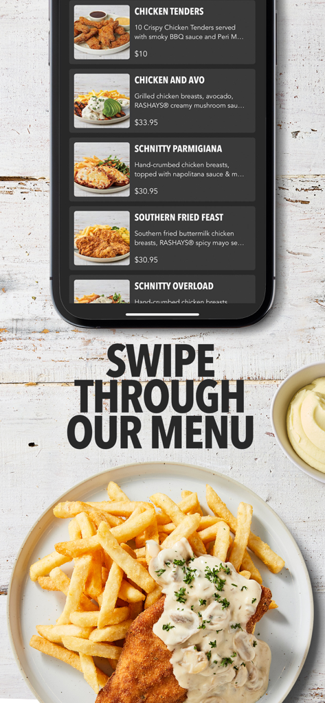 RASHAYS® - Smartphone screen displaying the Rashays restaurant menu with various chicken dishes and a side of fries