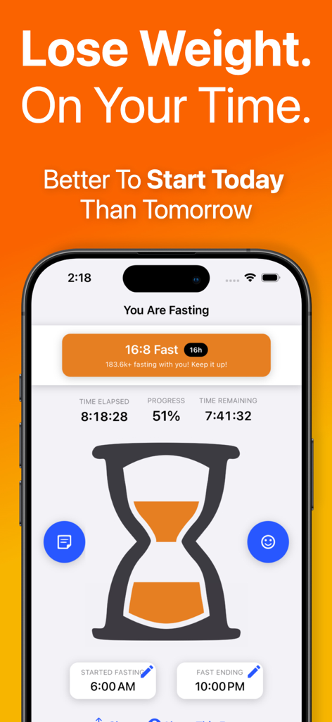 Sunrise - Intermittent Fasting - Smartphone screen displaying the Sunrise app interface with an hourglass timer and progress for a 16:8 intermittent fast