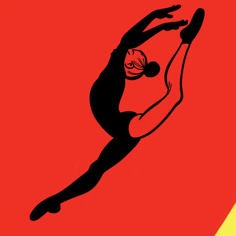 gymnast doing a leap in a leotard with a bent back leg