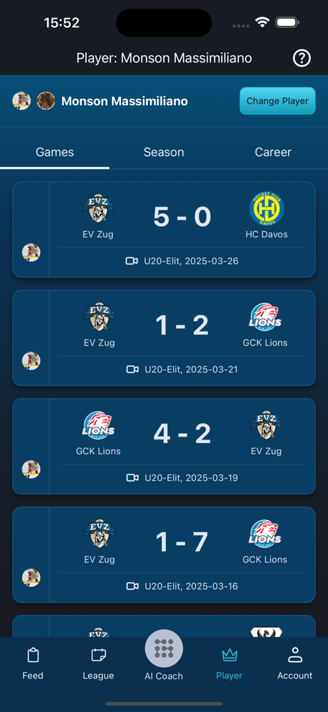 Hockey AI - Hockey AI player profile displaying recent game scores and team matchups