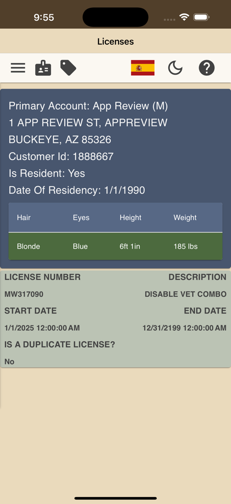 Arizona E-Tag - Digital hunting license screen in the Arizona E-Tag app showing account info and license validity.