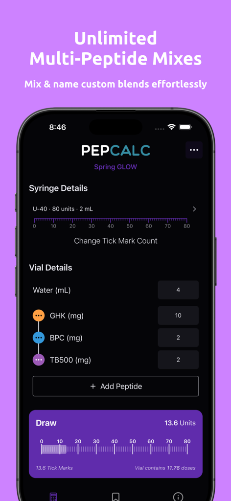 PepCalc app interface for calculating multi-peptide blends