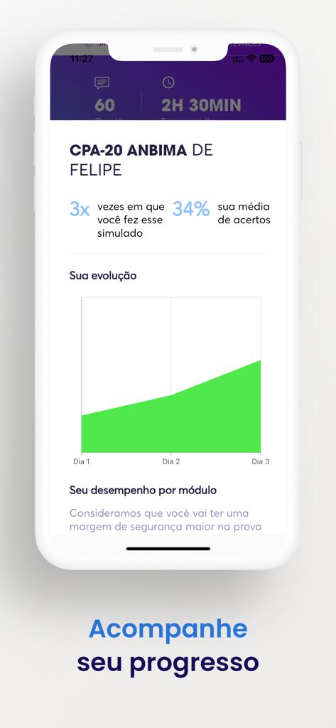 Simulados Topinvest - Painel de desempenho mostrando a evolução dos estudos e estatísticas de exames para a certificação CPA-20.
