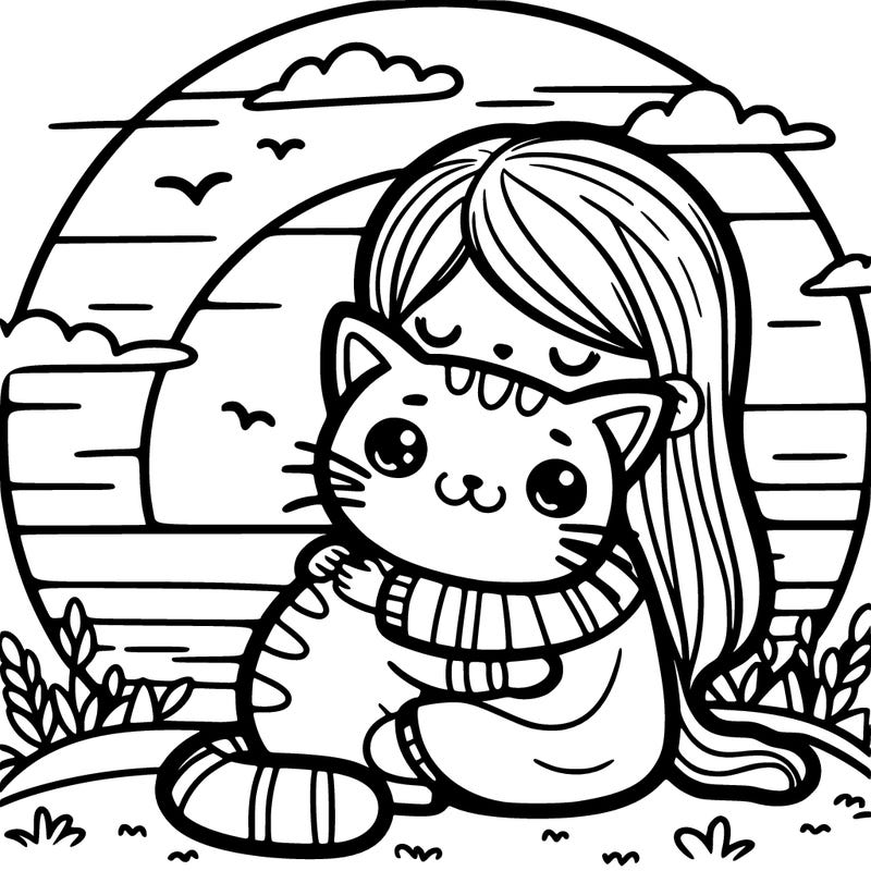 a cat with a girl hugging with a sun set in the background