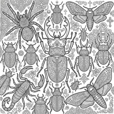 Dive into a world of dark elegance with our captivating Gothic Insect Skeletons coloring page, featuring an array of intricately designed beetles, spiders, scorpions, and moths. Each creature is adorned with ornate patterns, inviting you to explore the beauty of the macabre through color.